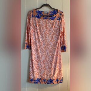 Ava Lynn Dress Women’s Large Orange White Blue Pattern Boho Stretch Hippie